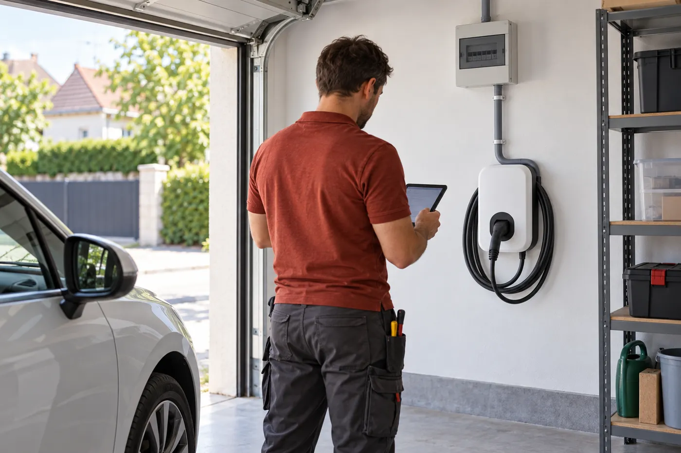 Borne de recharge murale raccordée sur un circuit dédié dans le garage d'un pavillon