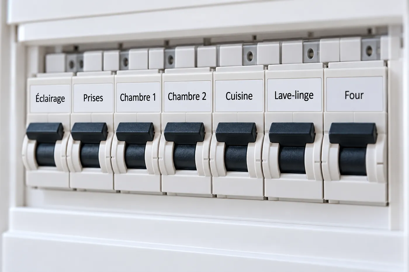 Rangée de disjoncteurs d'un tableau électrique neuf, chaque circuit repéré par une étiquette