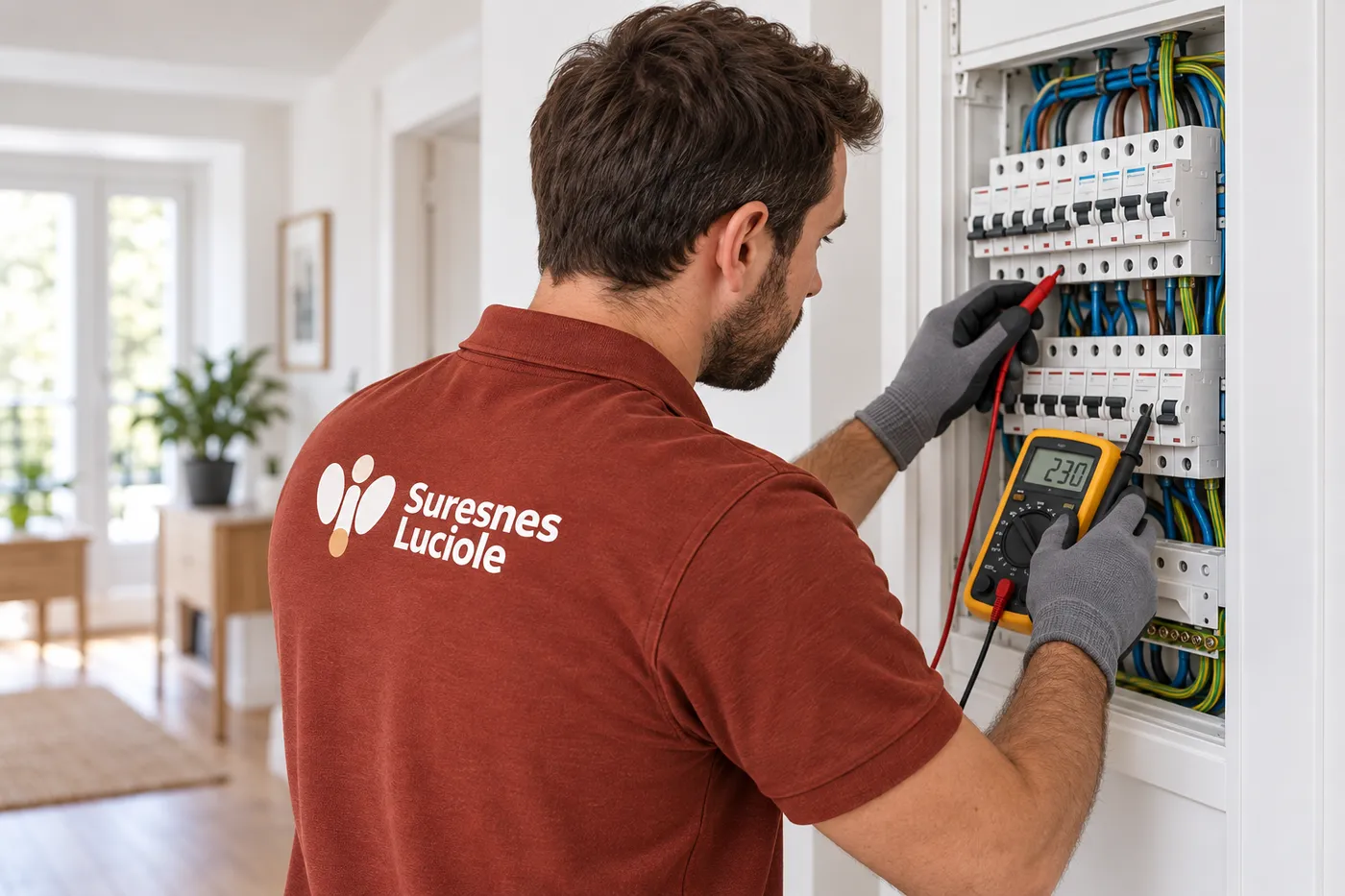 Électricien en polo Suresnes Luciole mesurant un disjoncteur au multimètre sur un tableau électrique d'appartement