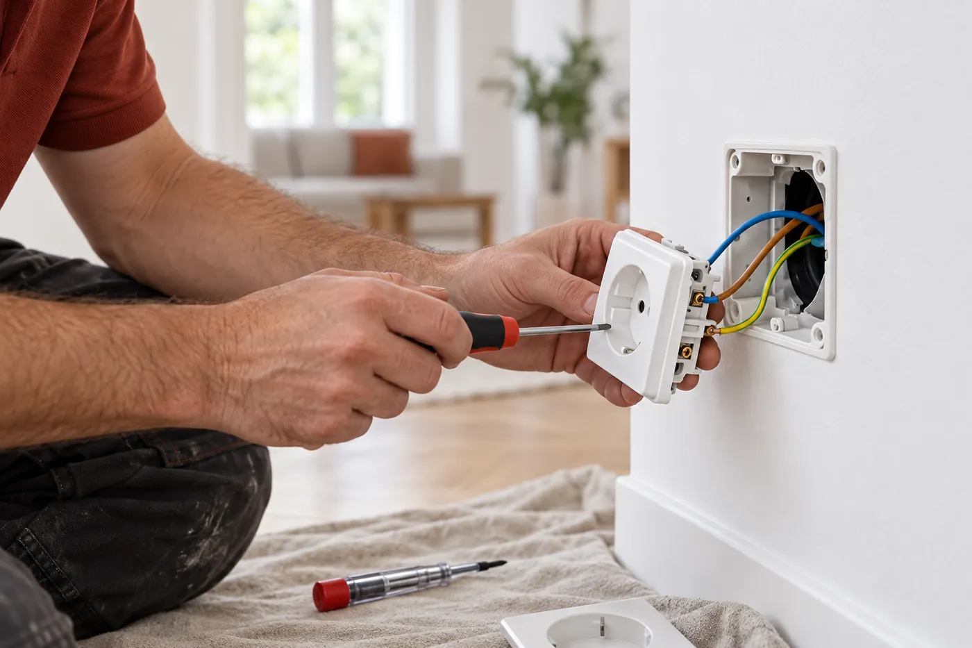 Électricien raccordant les fils d'une prise murale neuve, installation hors tension