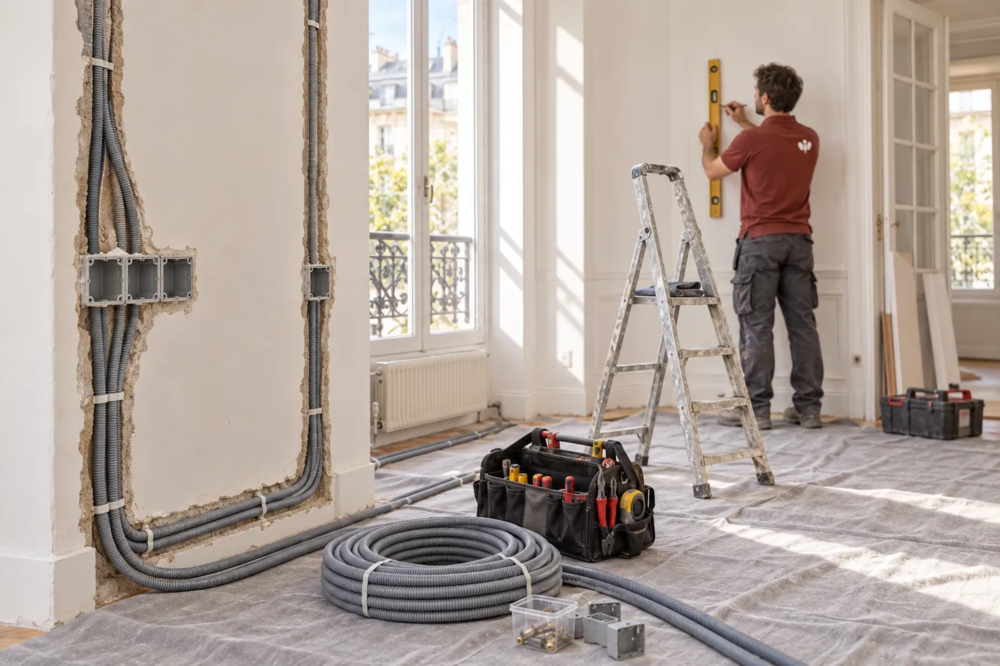 Appartement en rénovation électrique : gaines neuves dans les saignées et sol protégé